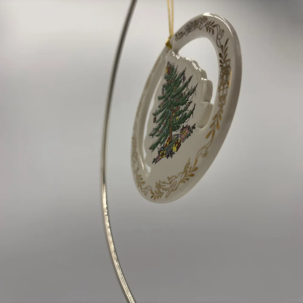 Vintage 1990s Spode Christmas Tree Ornament Ceramic Round Cutout Gold Trim Box